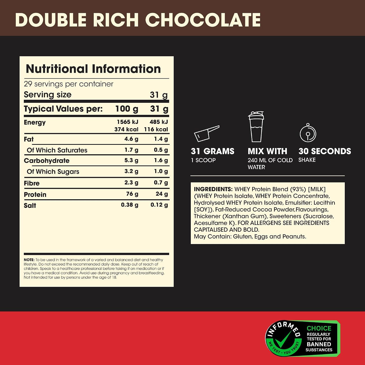 Double Rich Chocolate nutritional information from the supplied product label